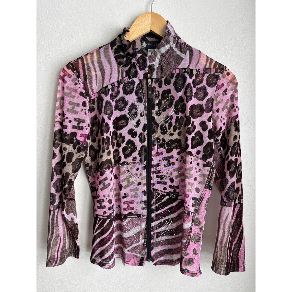 Damee Inc Pink Animal Print Mesh Zip Up Jacket Rhinestone Leopard Zebra Small‎